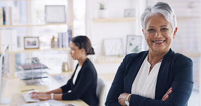 Buy stock photo Portrait, happy and mature woman with arms crossed, attorney or pride for career growth in law firm. Ambitious, lawyer and people with smile for justice in country, legal system and constitution