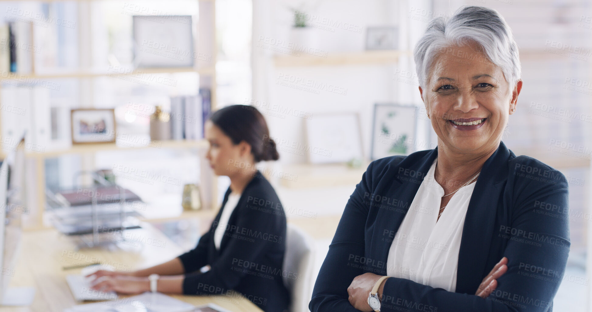 Buy stock photo Portrait, happy and mature woman with arms crossed, attorney or pride for career growth in law firm. Ambitious, lawyer and people with smile for justice in country, legal system and constitution