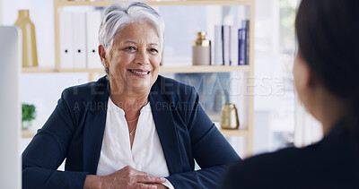 Buy stock photo Job interview, meeting and business women in office for hiring process with HR discussion. Happy, talking and mature corporate manager with recruitment candidate for vacancy conversation in workplace