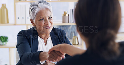 Buy stock photo Shaking hands, deal and business women in office with finance agreement, partnership or meeting. Happy, welcome and female financial manager with client for investment contract with handshake.