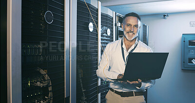 Buy stock photo Laptop, portrait and cybersecurity with man in server room for data center, network or systems. It technician, software database and cloud computing with mature person for  hardware maintenance