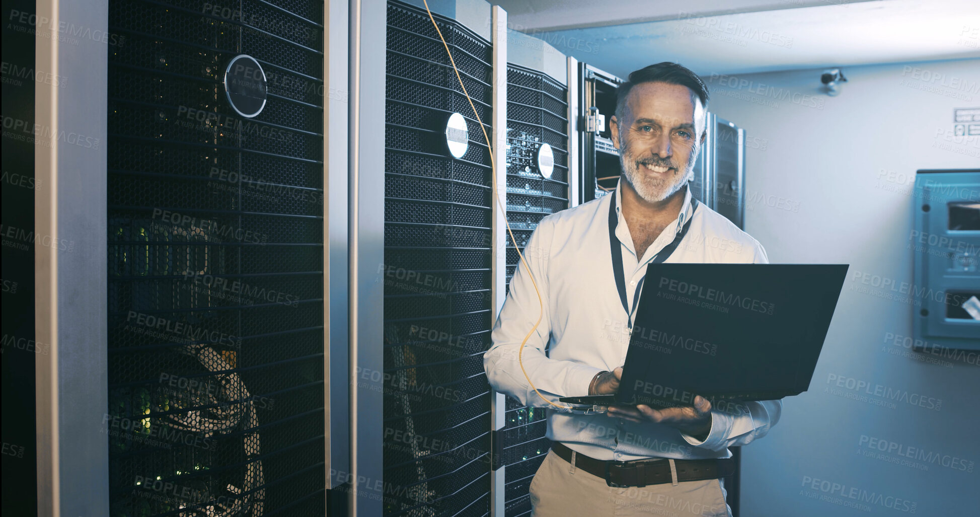 Buy stock photo Laptop, portrait and cybersecurity with man in server room for data center, network or systems. It technician, software database and cloud computing with mature person for  hardware maintenance