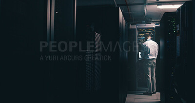 Buy stock photo Technician, back and engineer with man in server room for cybersecurity, network or system database. Software update, signal transmission and cloud computing with person in data center for inspection