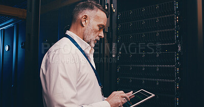 Buy stock photo Programmer, technician and tablet with man in server room for hosting database, inspection and cybersecurity. Hardware storage, cloud computing and system backup with mature person in data center