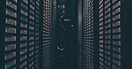 Empty server room, infrastructure and cybersecurity system with hardware for digital storage facility. Electronics, machine and network with information technology, backup and big data center