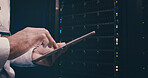 Engineer, hands or man with tablet in server room for security audit, system backup and update. Data center, technician and digital tech for cloud computing, hardware installation and problem solving
