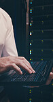 Data center, technician and hands with keyboard, coding and network engineering with laptop and web. Server room, electrician and person with tech for software upgrade, troubleshooting and online