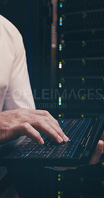 Buy stock photo Data center, technician and hands with keyboard, coding and network engineering with laptop and web. Server room, electrician and person with tech for software upgrade, troubleshooting and online