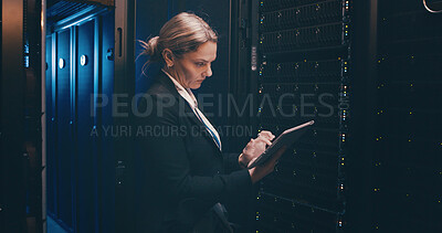 Buy stock photo Engineer, woman and typing on tablet in server room for cybersecurity, system backup or update. Data center, serious person or digital app for network configuration, technical solution or maintenance