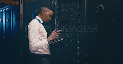 Buy stock photo Engineer, black man and reading tablet in server room for cybersecurity, database update and GDPR. Data center, serious person or digital app for network configuration, problem solving or maintenance