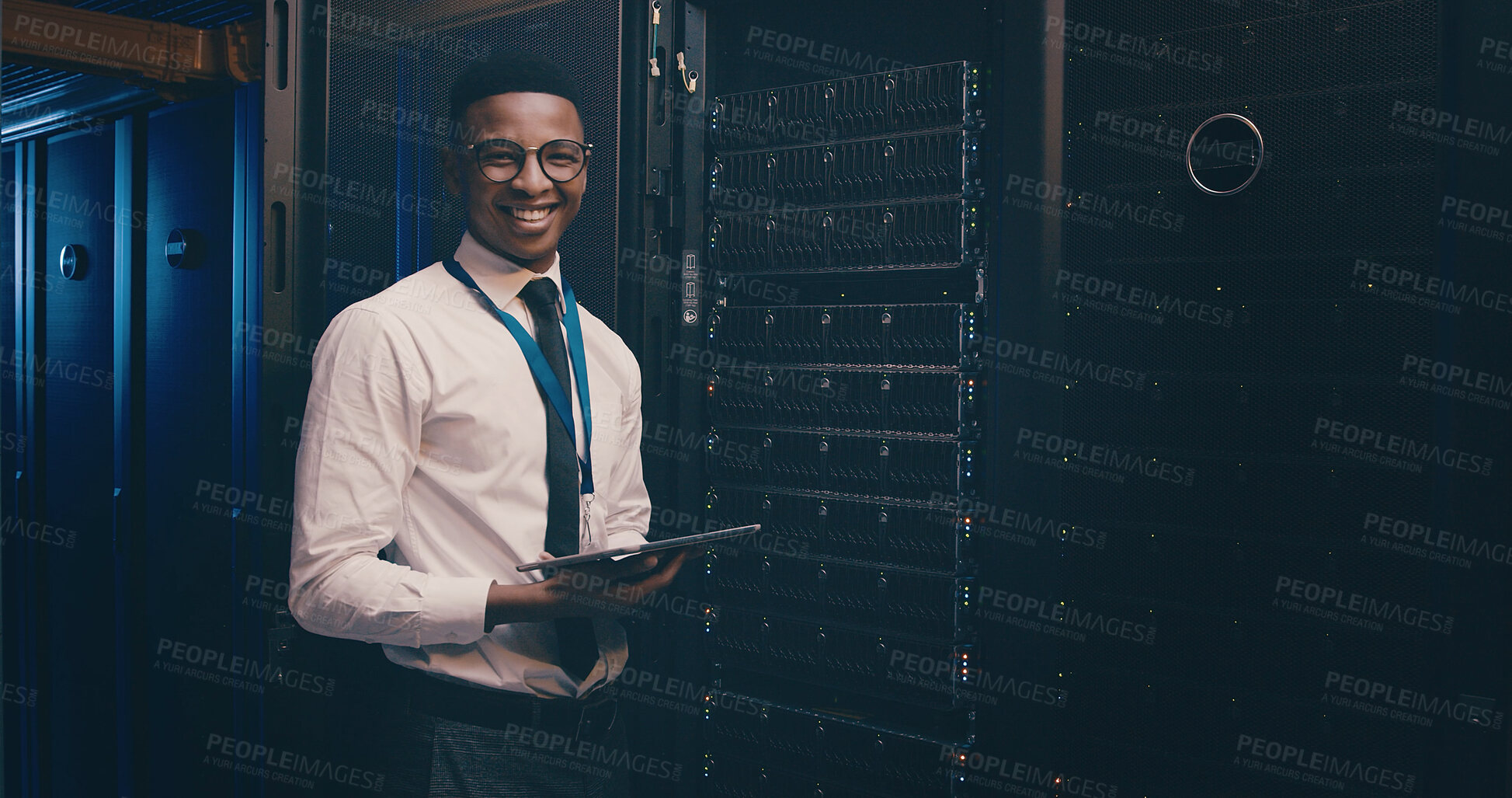 Buy stock photo Engineer, black man and portrait with tablet in server room for inspection, system update or happy. Data center, technician and space for network configuration, technical solution and troubleshooting