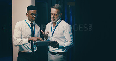 Buy stock photo Talking, hardware and men in server room on tablet for network solution, IT support and cybersecurity. Collaboration, discussion and people on digital tech for database, programming and system update