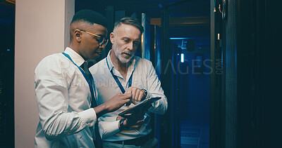 Buy stock photo Teamwork, tablet or men in server room, cyber security or hardware upgrade with engineering. IT specialist, people or employees with programming, data center or inspection with system solution or app
