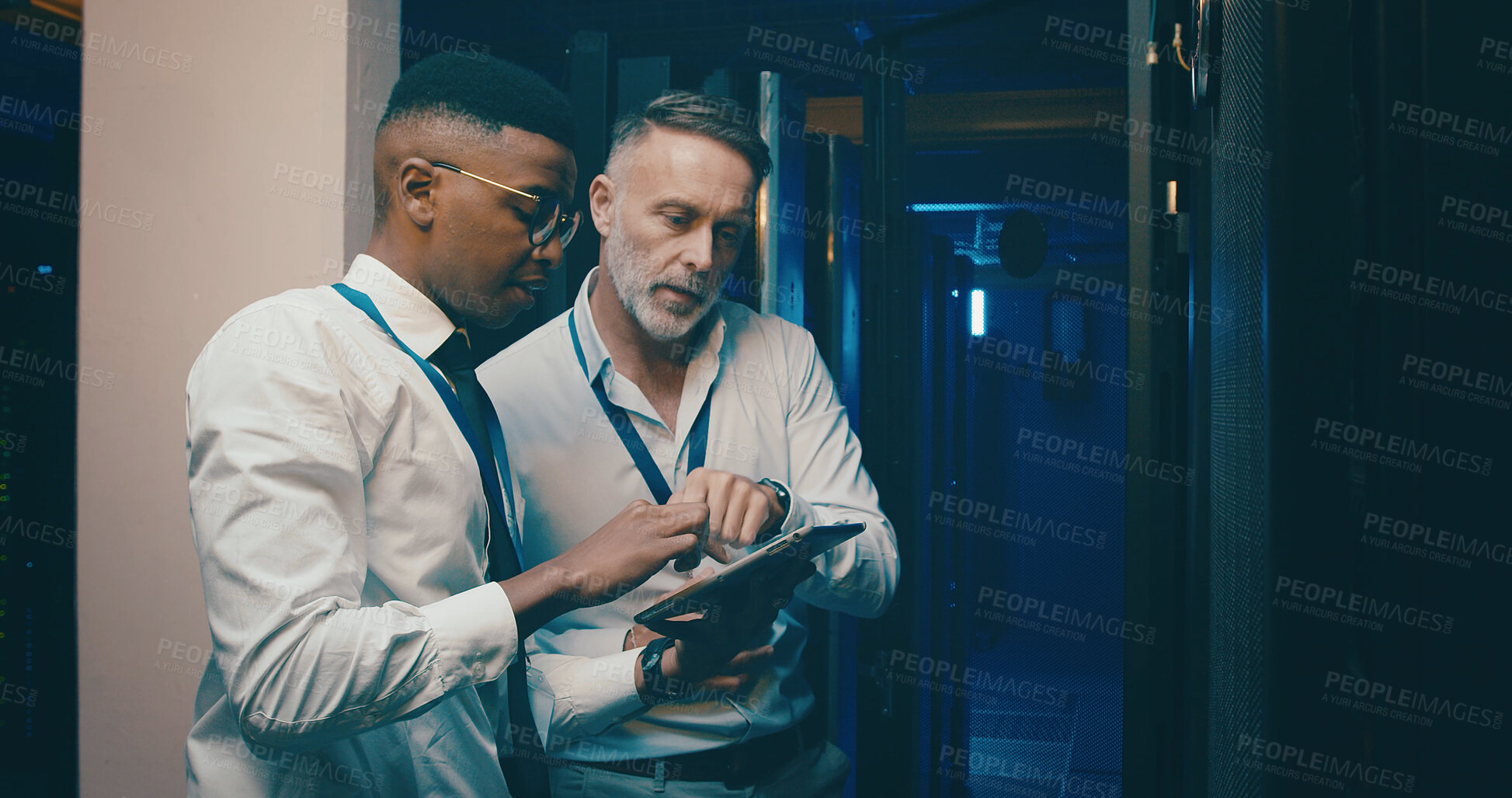 Buy stock photo Teamwork, tablet or men in server room, cyber security or hardware upgrade with engineering. IT specialist, people or employees with programming, data center or inspection with system solution or app