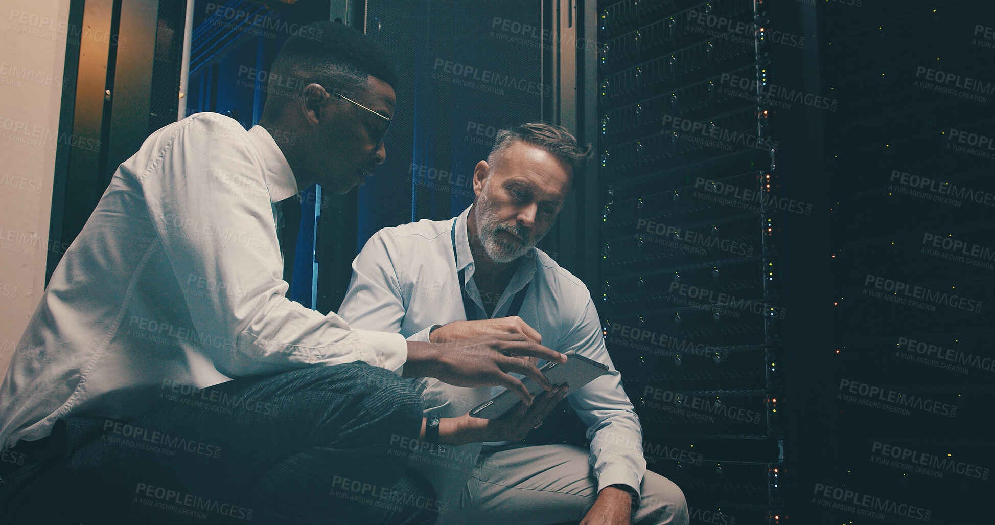 Buy stock photo People, talk and network with tablet in server room for programming, software update and maintenance. Men, team and digital for database upgrade, IT inspection and test system for engineering repair