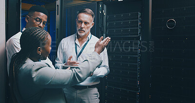 Buy stock photo Collaboration, conversation and tablet with people in server room for network administration. Communication, cybersecurity and tech support with team in data center for maintenance of mainframe