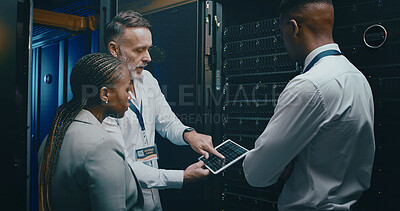 Buy stock photo Server room, network and manager with people on tablet for cybersecurity, diagnostics test and maintenance. IT team, meeting and workers with boss for system, online database and technical support