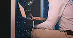 Hands, laptop and cable connection at data center for system test, diagnostics or troubleshooting. Engineer, cybersecurity and tech in server room for network configuration and firewall installation