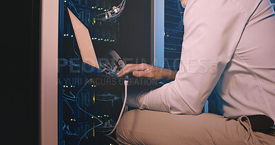 Buy stock photo Hands, laptop and cable connection at data center for system test, diagnostics or troubleshooting. Engineer, cybersecurity and tech in server room for network configuration and firewall installation