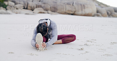 Buy stock photo Fitness, exercise and woman with stretching on beach to start running, cardio workout and health. Athlete, person and legs warm up on seashore for getting ready, training preparation and jog routine