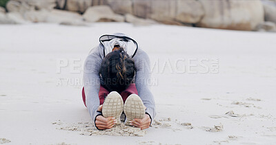 Buy stock photo Runner, fitness and woman with stretching on beach to start running, cardio workout and flexibility. Athlete, person and legs warm up on seashore for getting ready, exercise preparation and training