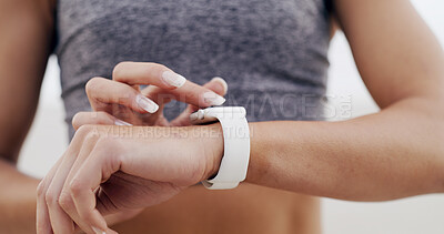 Buy stock photo Fitness, hands and woman with smart watch for exercise progress, heart rate or results outdoor. Sports, runner and check wristwatch for health stats, timer and pace tracking for cardio wellness
