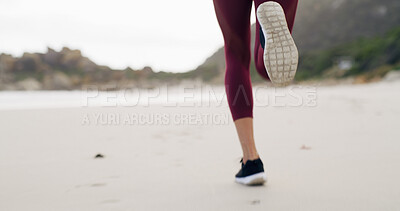 Buy stock photo Running, legs and space with woman at beach for health, cardio workout and sports training. Marathon practice, exercise and runner challenge with person outdoor for energy, athlete and wellness