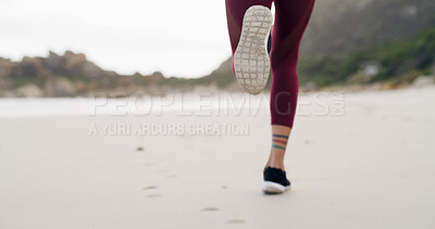 Buy stock photo Running, legs and cardio with woman at beach for health, workout and sports training. Marathon practice, exercise and runner challenge with person outdoor for energy, athlete and wellness space