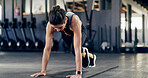 Mountain climbers, fitness and workout with woman in gym for exercise, core strength and health. Bodybuilder, challenge and abs training with person in sports club for athlete, muscle and wellness
