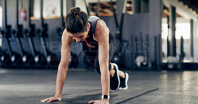 Buy stock photo Mountain climbers, fitness and workout with woman in gym for exercise, core strength and health. Bodybuilder, challenge and abs training with person in sports club for athlete, muscle and wellness