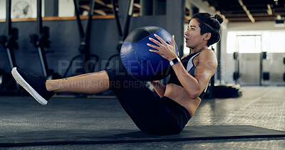 Buy stock photo Exercise, medicine ball and fitness with woman in gym for abs workout, health and russian twist. Wellness, bodybuilder and core strength with person on floor of sports club for oblique training