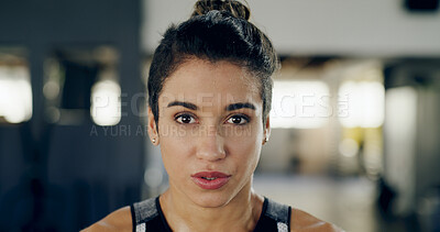 Buy stock photo Fitness, portrait and serious with woman in gym for start of training or workout routine. Break, breathing and intensity with athlete or bodybuilder in health club for challenge or improvement