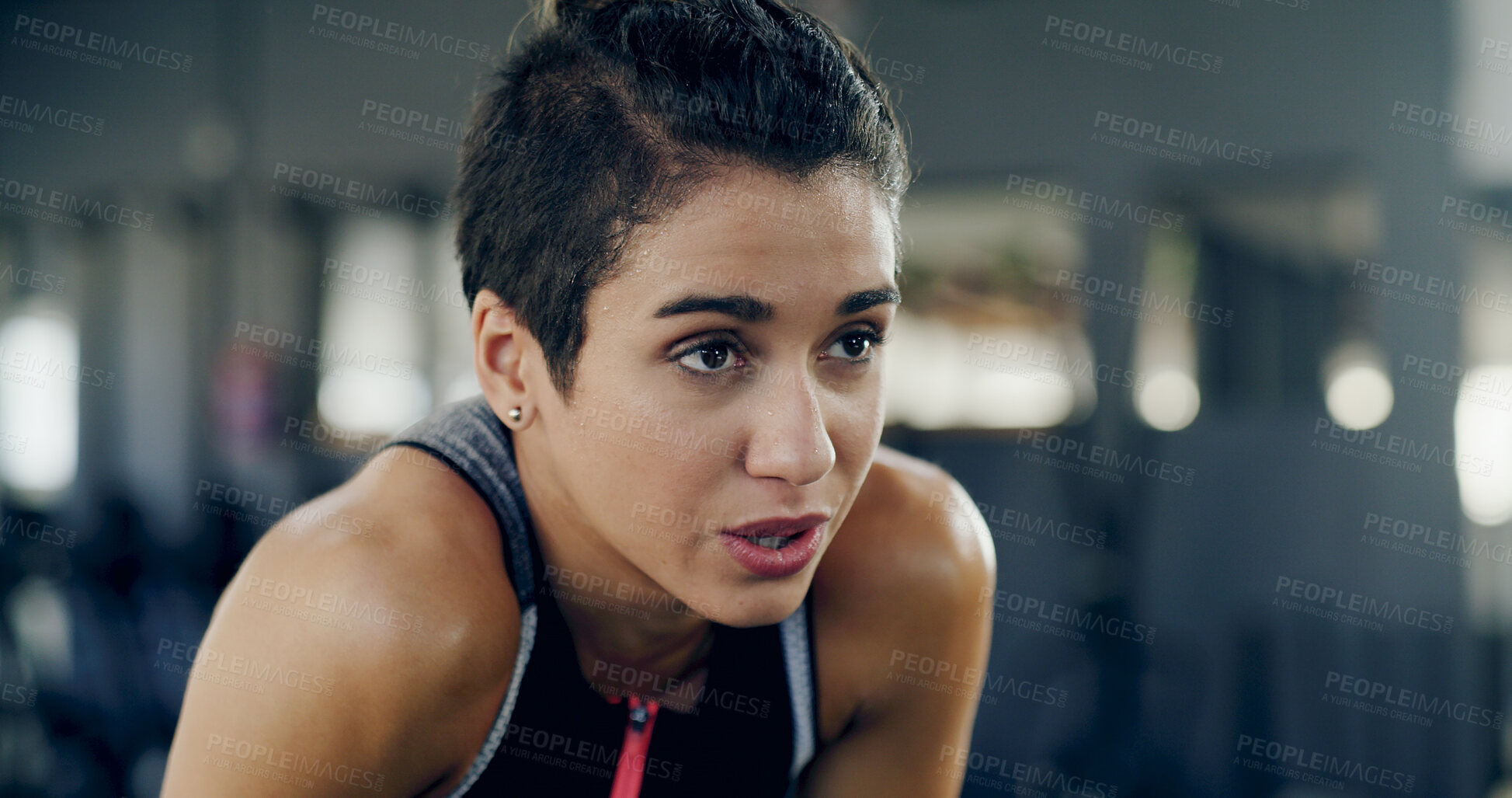 Buy stock photo Tired, breathing and fitness with woman in gym for workout, exercise fatigue and sweating. Training burnout, exhausted and intense cardio with person in sports club for break, resting and resilience