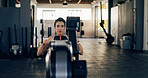 Athlete, woman and fitness with machine at gym of exercise, strength training and workout. Female person, equipment and sports practice for bodybuilding, core activity and resilience of strong muscle