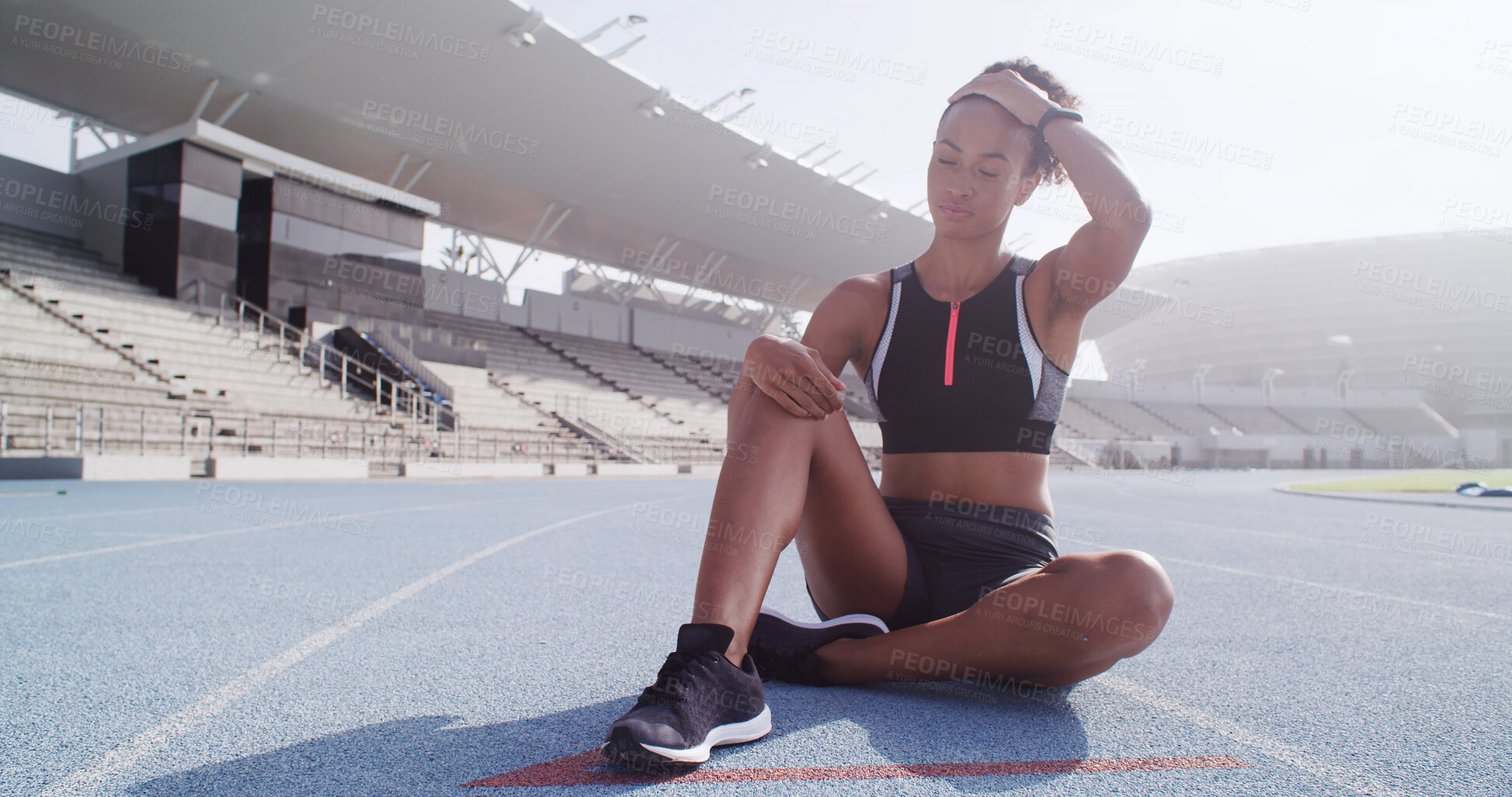 Buy stock photo Break, fitness and tired with woman in stadium for cardio training, sports or workout fatigue. Exercise, exhausted and rest with athlete or runner at venue for challenge, improvement or performance