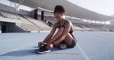Buy stock photo Fitness, track and woman tie shoes ready for race challenge, marathon training and exercise. Sports, athlete and person with sneakers for running, competition and cardio workout on outdoor arena