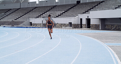 Buy stock photo Fitness, race track and woman running for sports, exercise and practice with energy outdoor. Stadium, runner and athlete sprint for athletics training, workout and endurance with cardio challenge
