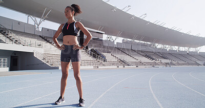 Buy stock photo Race track, fitness and woman with running, workout or training for marathon at stadium. Space, athlete and person with cardio exercise for activity, challenge or competition at sports arena.