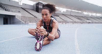Buy stock photo Stretching, legs and woman on track in stadium to start running, exercise and marathon training. Athlete, sports arena and person with muscle warm up for workout, race competition and fitness outdoor