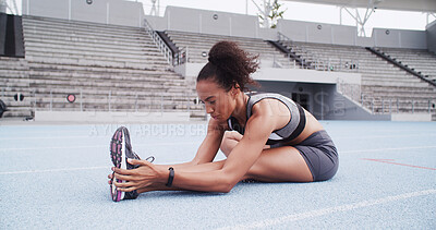 Buy stock photo Athlete, woman and stretching for fitness, stadium and preparing for exercise, warm up and training. Outdoor, runner and workout routine for wellness, healthy and person on race track for sport