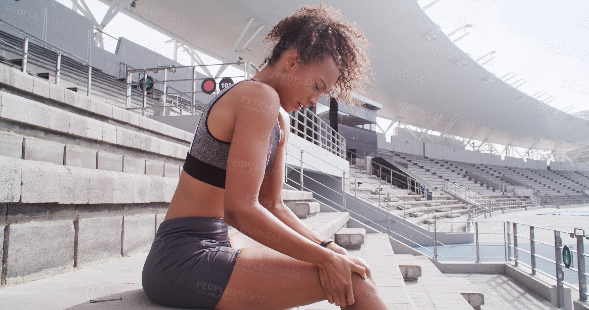 Buy stock photo Fitness, knee pain and woman with injury at stadium, sports accident and fibromyalgia. Runner, race track and athlete with sore legs with muscle sprain from exercise, joint inflammation or arthritis