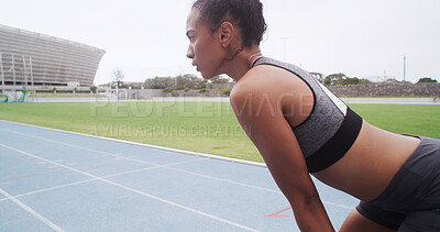 Buy stock photo Breathing, exercise and tired with woman in stadium for challenge, training or workout fatigue. Break, fitness and recovery with athlete or runner in sports venue for marathon or race preparation