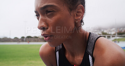 Buy stock photo Tired, athlete and woman on field, breathing or training for marathon in morning, break and outdoor. Exhausted, runner and African person with routine, cardio or wellness with workout and practice