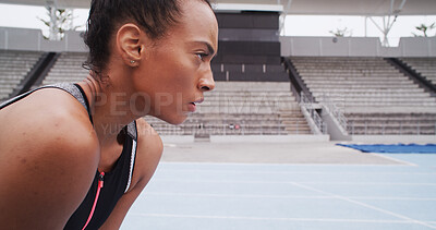 Buy stock photo Breathe, tired and woman in stadium for exercise, workout and training for race or competition. Sports arena, profile and person with fatigue, rest and recovery for running, fitness and practice
