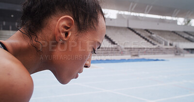 Buy stock photo Breathe, rest and woman in stadium for fitness, workout and training for race or competition. Sports arena, athlete and person with fatigue, tired and recovery for running, exercise and practice