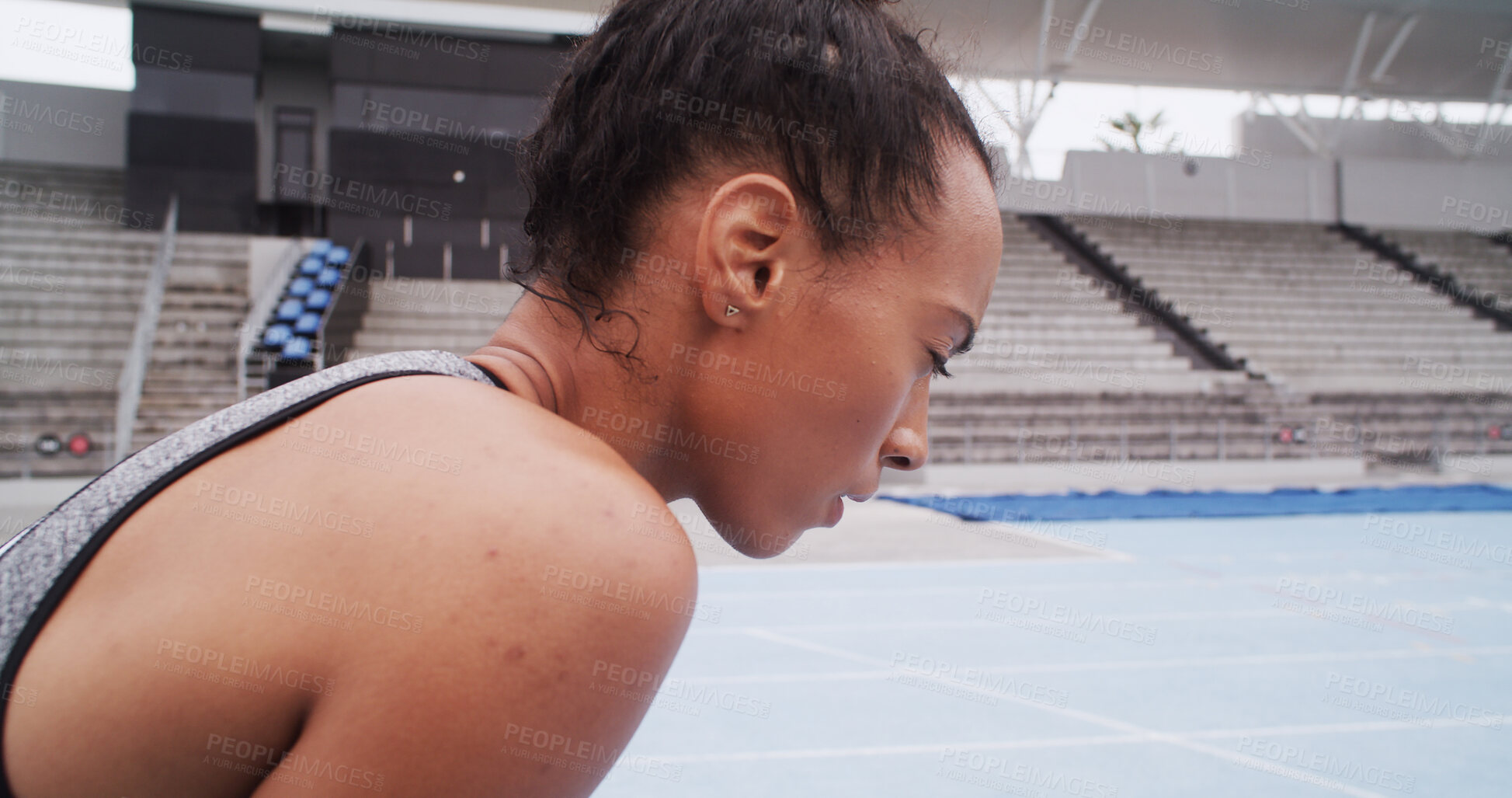 Buy stock photo Breathing, fitness and tired with woman in stadium for challenge, training or workout fatigue. Break, exercise and recovery with athlete or runner in sports venue for marathon or race preparation