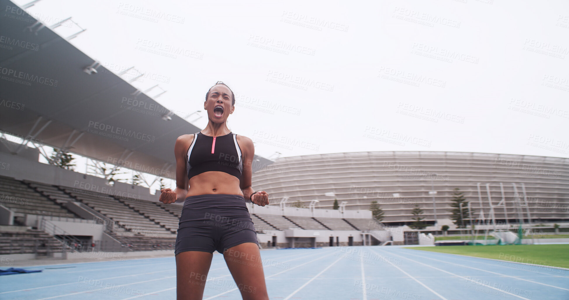 Buy stock photo Athlete, woman and celebrate success on sports track for fitness, win and achievement outdoor. Fist pump, african female runner and excited for goals, exercise performance and champion at stadium