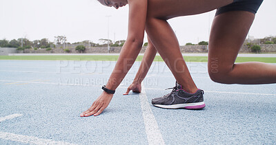 Buy stock photo Feet, hands or launch of race with woman in stadium for challenge, competition or sports tournament. Exercise, fitness or start with running athlete at line in arena for event, performance or workout