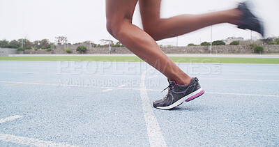 Buy stock photo Athlete, feet and running on track with blur, speed and outdoor for training, exercise and fitness. Person, runner and shoes on ground for workout, cardio challenge or legs at stadium for sports