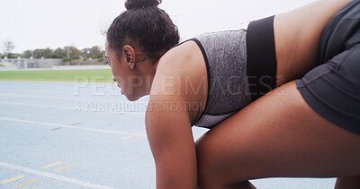 Buy stock photo Exercise, ready and start of race with woman in stadium for challenge, competition or sports tournament. Fitness, launch and target with athlete or runner in arena for event, performance or training